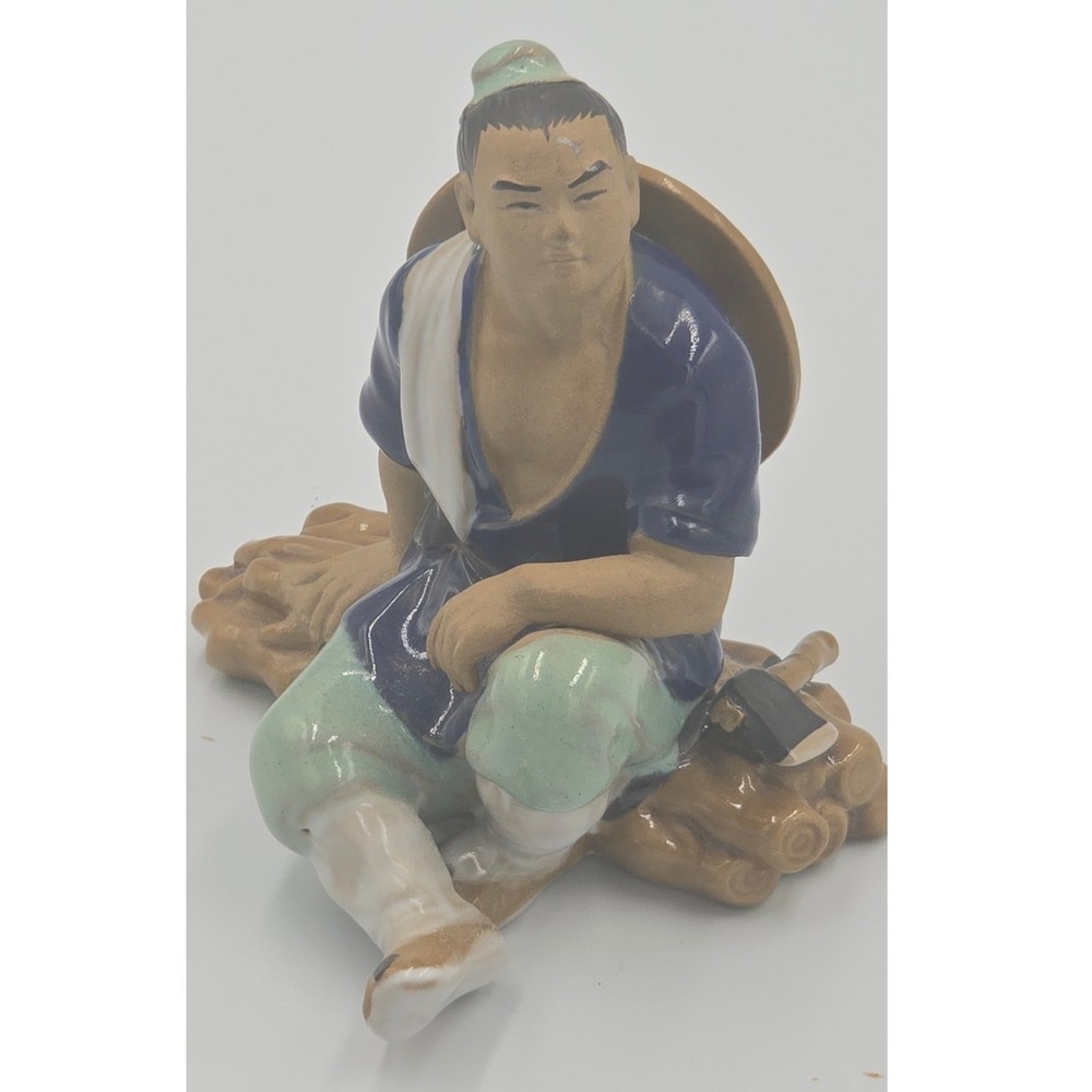 Vintage Shiwan Chinese Mudman Woodcutter Sitting on Logs Axe Figurine Pottery